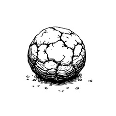 Intricate ink drawing of an earthy sphere exhibiting a network of cracks and granular textures on