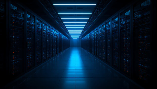 Futuristic dark server room corridor with glowing blue neon lights and rows of computer racks