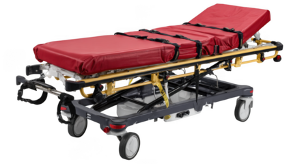 A red hospital gurney with black straps and yellow accents sits against a black background in a studio shot