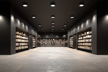 Dark, modern bookstore interior with numerous bookshelves