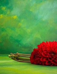 Red dahlias on green backdrop