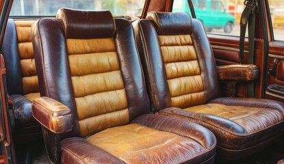 Naklejka premium Worn leather seats in a vintage car interior