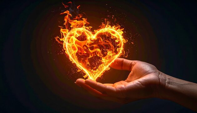 Touch of fingertips igniting blazing heart icon in studio portrait