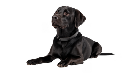 A black labrador retriever dog lying down with a collar looking up on a black background studio shot