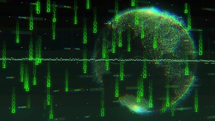 Upon startup launching binary code cascading, dotted globe emerging rotating for data visualization - Powered by Adobe