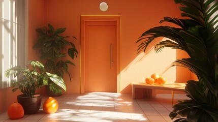 Sunny interior hallway with plants and oranges.