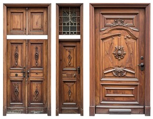 Three antique wooden doors, ornate carvings