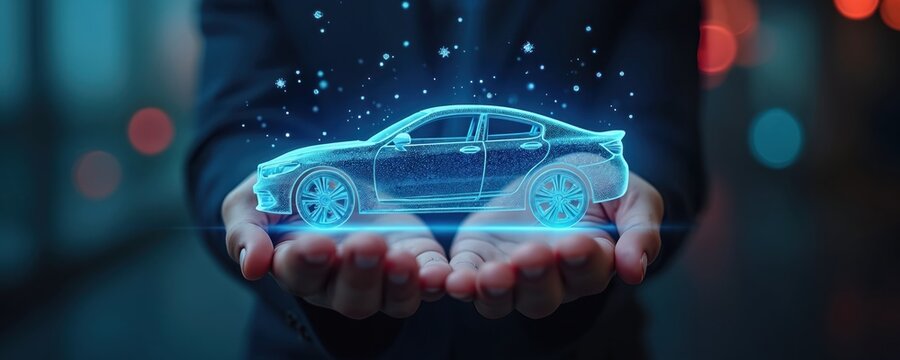 Hands hold glowing blue holographic car projection. Futuristic concept of automotive safety, digital shield, smart technology, vehicle innovation. Three-dimensional virtual interface displays car