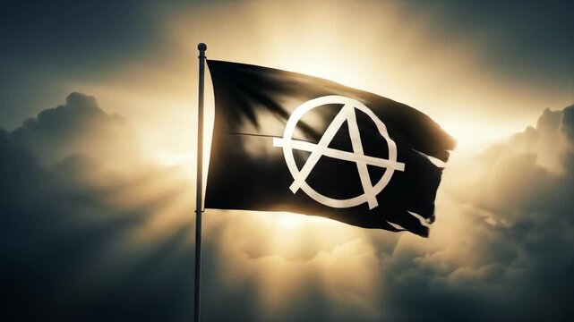 Tattered Anarchy Flag Waving Dramatically Against a Dramatic Sunset Sky Powerful Symbol of Rebellion and Freedom