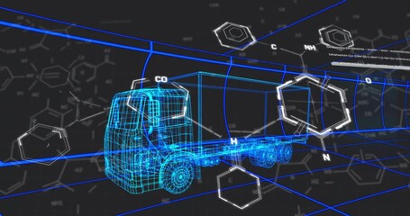 Wireframe truck appearing triggers floating hexagons showing tech fusion with molecular design - Powered by Adobe
