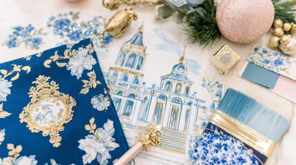 Elegant blue floral design materials for artistic project on a soft white background