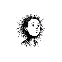 Monochromatic sketch depicting a young individual with voluminous hair gazing upward in