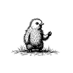 Monochrome avian illustration featuring a fluffy chick amidst detailed grass tufts in simplistic