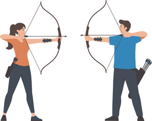 Man and woman archery sport training shooting bow and arrow outdoor practice athletic activity precision target aim vector illustration design