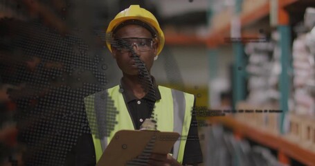 Fading world map overlay sweeping warehouse guiding inspector checking clipboard stock accuracy - Powered by Adobe