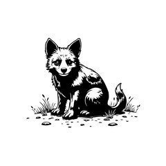 Monochrome depiction of a wild canine creature illustration in a natural setting with simple details