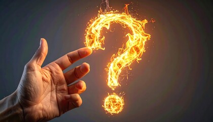 Hand touching glowing flame question mark icon in modern studio portrait