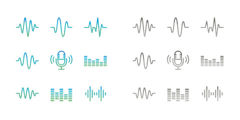 Fototapeta premium Dynamic audio equalizer bars and sound waves pulse graph. Digital podcasting and music technology interface element set.