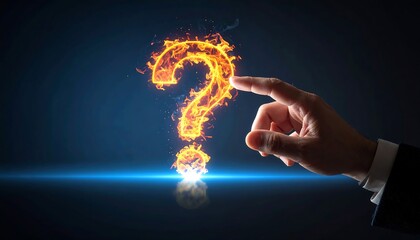 Abstract glowing flame question mark with hand touch for innovation and ideas