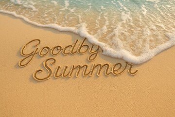 Fototapeta premium Ocean wave washing away goodbye summer text on beach sand