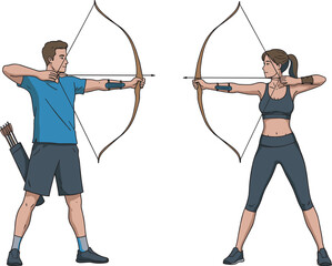 Man and woman archery sport training shooting bow and arrow outdoor practice athletic activity precision target aim vector illustration design © Rahul Creatives