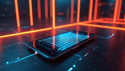 Futuristic mobile interface grid visualization on smartphone screen, set in digital space with neon orange, blue light effects. Display shows data structure, navigation elements, suggesting advanced