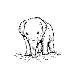 Monochrome illustration of a juvenile elephant with expressive eyes symbolizing vulnerability and