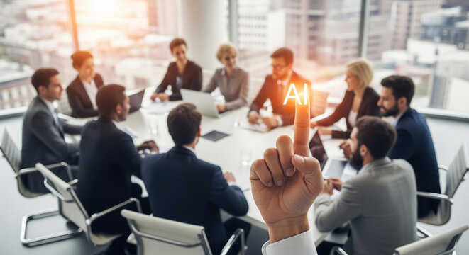 People meeting in an urban office and a businessman's hand pointing at the word AI