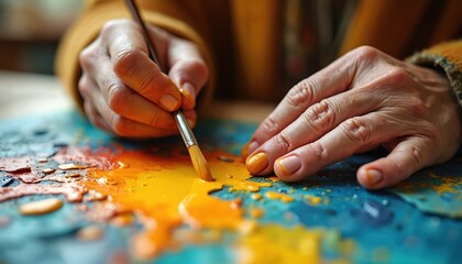 Elderly artist hands create vibrant abstract art using collage techniques, bright paints. Session promotes relaxation, mindfulness, creative expression. Focus on warm colors, brushwork, artistic