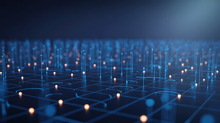 Abstract digital cityscape with glowing lights and interconnected lines representing data flow and technology