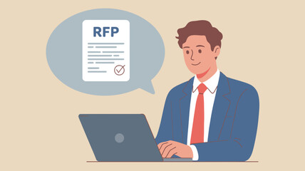 Man working on laptop with rfp document in a speech bubble above