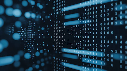 Abstract digital data stream with glowing blue bokeh lights and binary code on a dark background
