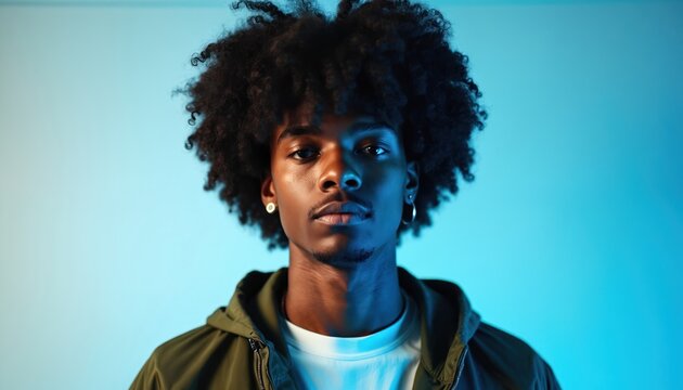 Young African man with curly hair, earring poses confidently against clean blue background. Casual attire, hoodie, shirt complement modern, youthful style. Soft, serene lighting calm expression,