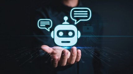 Person holding a glowing chatbot icon with speech bubbles symbolizing artificial intelligence and communication