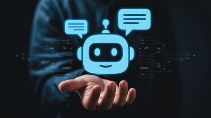 Futuristic chatbot icon hovering above an open hand symbolizing artificial intelligence and digital communication technology