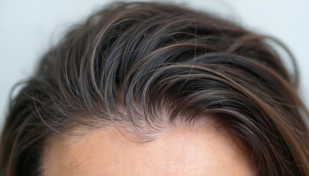 Close-up of hair scalp showing thinning hair strands. Demonstrates common hair loss concerns needing dermatologist consultation for effective alopecia treatment, restoration. Advanced clinical