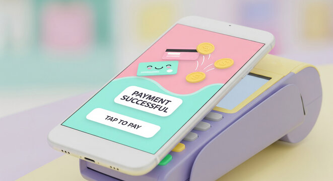 Cute pastel colored smartphone and payment terminal showing successful cashless payment with digital credit card