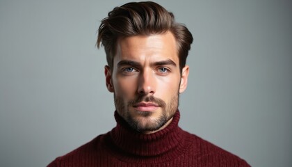 Close-up head shot of handsome young American man with clear, healthy skin, blue eyes. Neatly styled brown hair, well-groomed beard, wears stylish maroon turtleneck sweater. Confident, natural