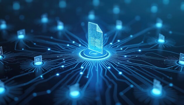 Futuristic digital document management system featuring automated workflow with interconnected nodes. Data processing, network connections, electronic records, AI integration visualized in