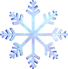 3D blue glass snowflake frost shape. Winter seasonal rendering icon, ice snow illustration