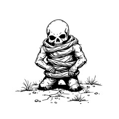Mysterious shrouded skeleton figure emerges from barren ground a stark black and white illustration