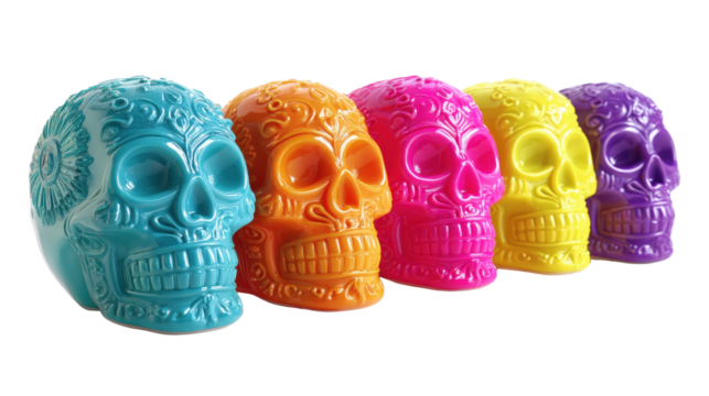 Neon-colored sugar skulls in a row, festive setup,Transparent background, PNG file