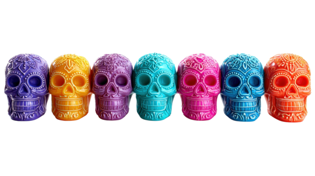 Neon-colored sugar skulls in a row, festive setup,Transparent background, PNG file