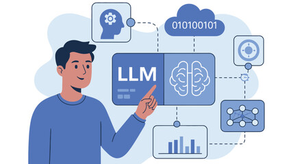 Man presenting llm concept with brain and data cloud illustration