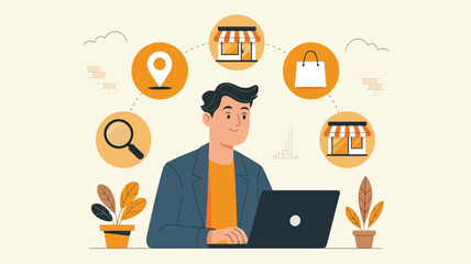 Man using laptop with online shopping icons floating above him