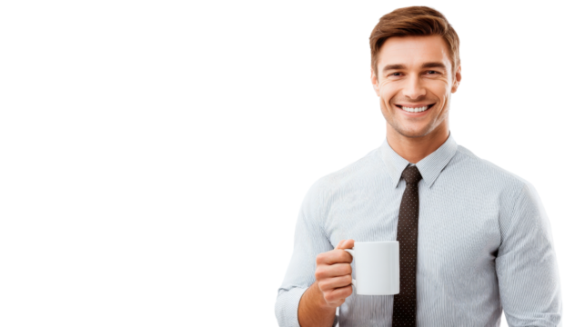 Office employee with coffee mugTransparent background, PNG file