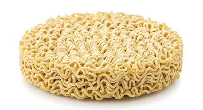 Detailed close-up of dry instant noodles block, round shape isolated on white background.