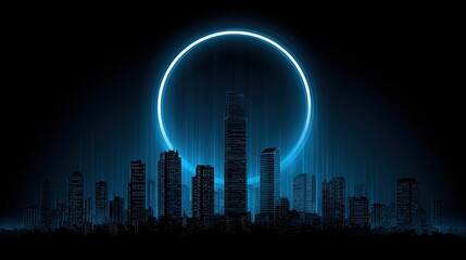 Floating Blue Energy Ring Over Futuristic Metropolis, Sci-Fi Cityscape for Digital Art and Conceptual Design