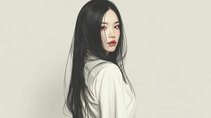 Korean woman with long black hair posing against a simple background in a stylish white outfit during a calm setting