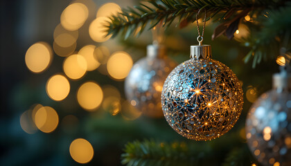 Sparkling Christmas Ornaments on Pine Branch